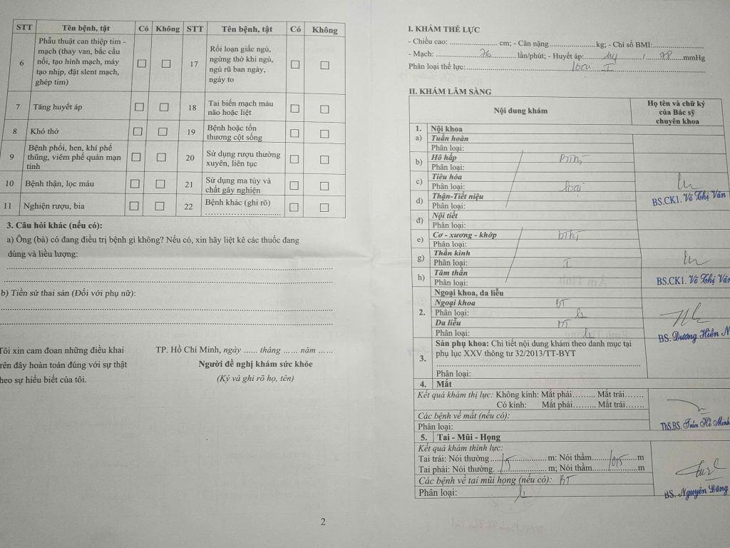 Mẫu giấy khám sức khỏe A3 theo thông thư 32 cho người trên 18 tuổi, mặt trong