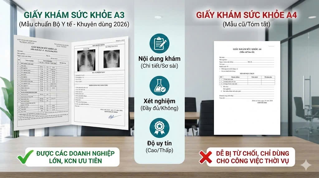 So sánh giấy khám sức khỏe xin việc mẫu A4 sơ sài và mẫu A3 đầy đủ thông tin