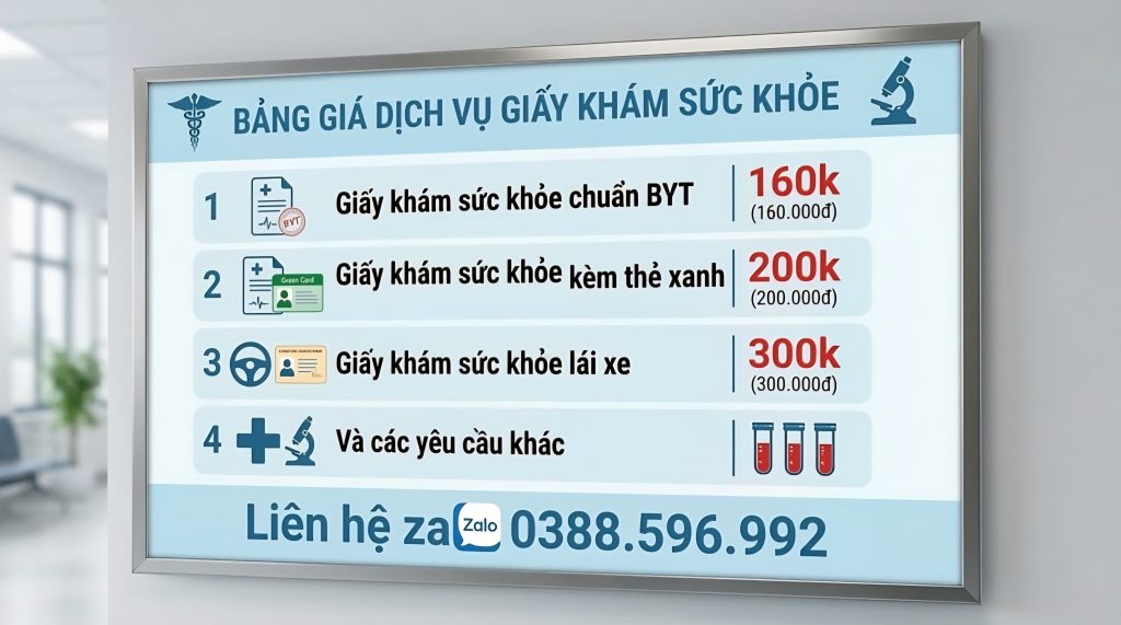 Bảng giá dịch vụ giấy khám sức khỏe
